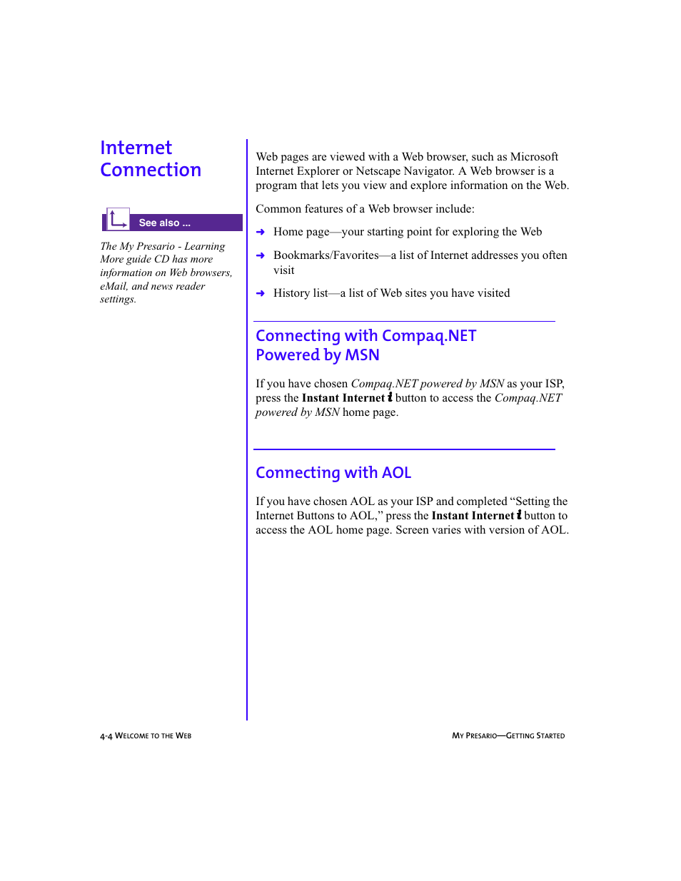 Heading2left - internet connection, Graphic, Heading2 - internet connection | Heading3 - connecting with aol, Internet connection -4, Connecting with compaq.net powered by msn -4, Connecting with aol -4, Internet connection, 4-4, Internet connection, Connecting with aol | Compaq Presario 5BW474 User Manual | Page 43 / 77