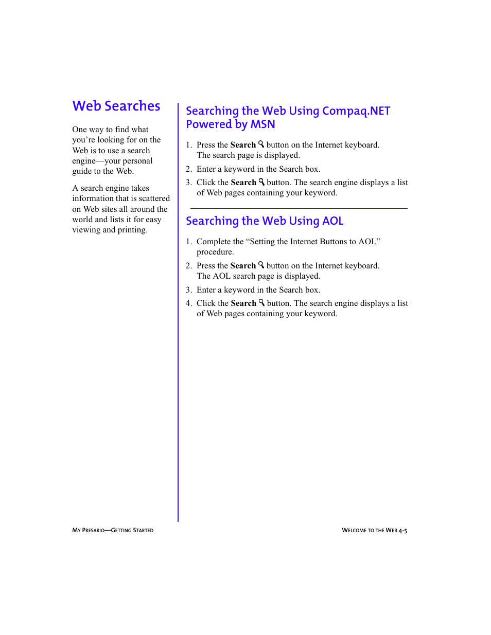 Heading2left - web searches, Heading2 - web searches, Graphic | Heading3 - searching the web using aol, Web searches -5, Helpful hints -2, Web searches, 4-5, Web searches, Searching the web using aol | Compaq Presario 5BW474 User Manual | Page 44 / 77