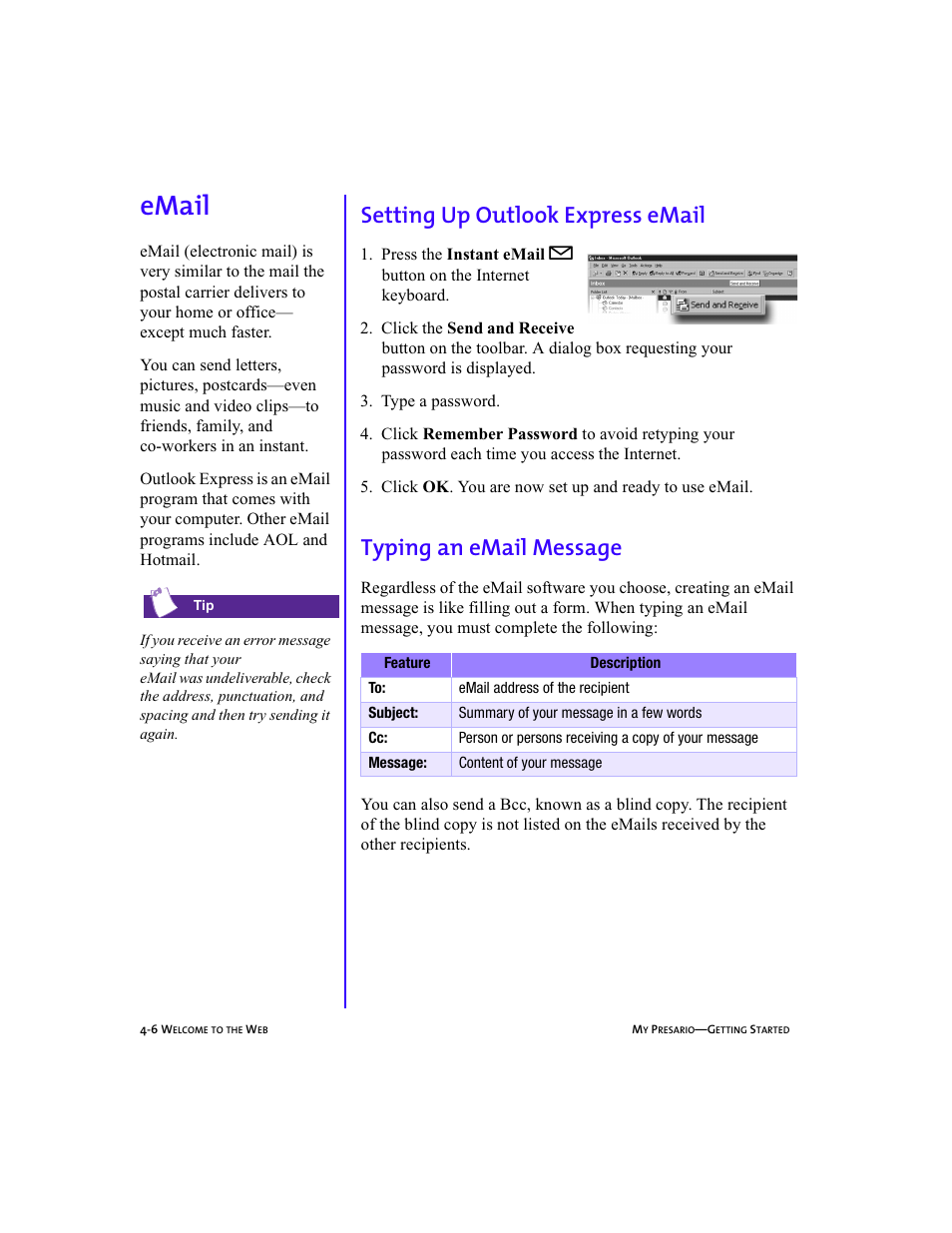 Heading2left - email, Graphic, Heading2 - email | Heading3 - setting up outlook express email, Numlist - 3. type a password, Heading3 - typing an email message, Email -6, Setting up outlook express email -6, Typing an email message -6, Email, 4-6 | Compaq Presario 5BW474 User Manual | Page 45 / 77