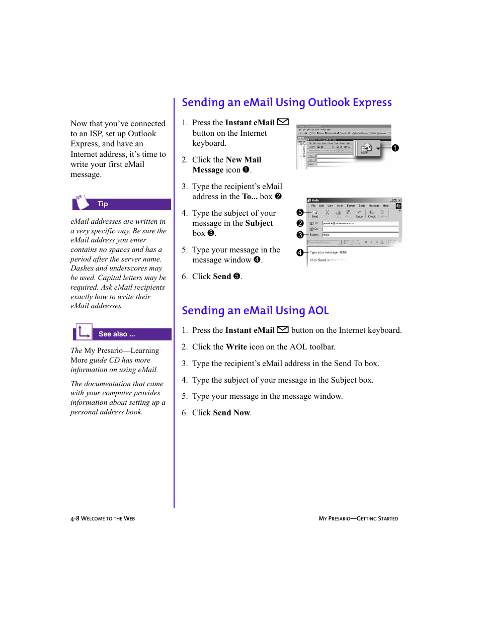 Graphic, Heading3 - sending an email using outlook express, Numlist - 2. click the new mail message icon 1 | Numlist - 6. click send 5, Body, Heading3 - sending an email using aol, Numlistright - 6. click send now, Sending an email using outlook express -8, Sending an email using aol -8, Sending an email using outlook express | Compaq Presario 5BW474 User Manual | Page 47 / 77