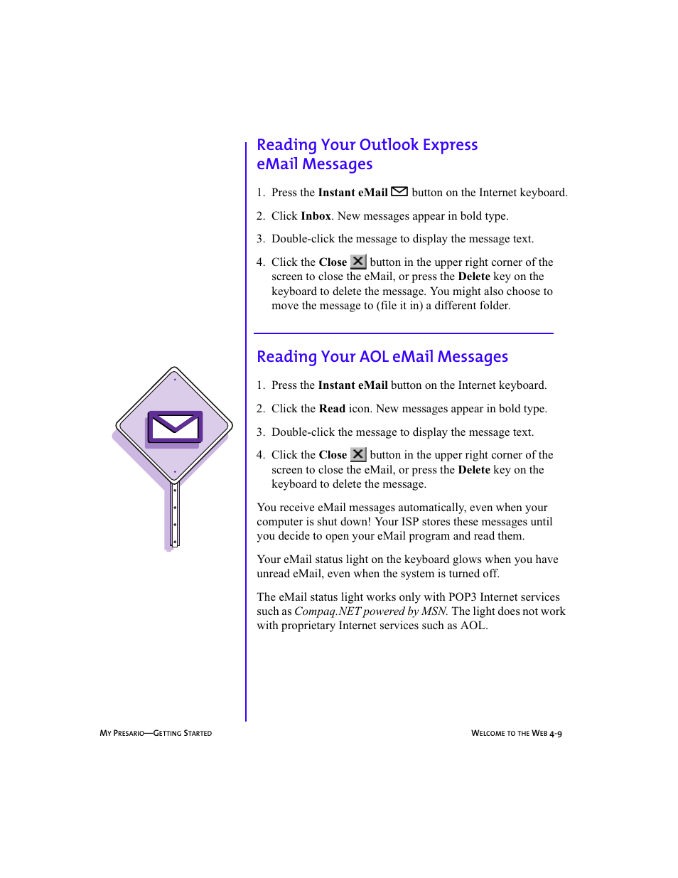Graphic, Heading3 - reading your aol email messages, Reading your outlook express email messages -9 | Reading your aol email messages -9, Reading your outlook express email messages, Reading your aol email messages | Compaq Presario 5BW474 User Manual | Page 48 / 77