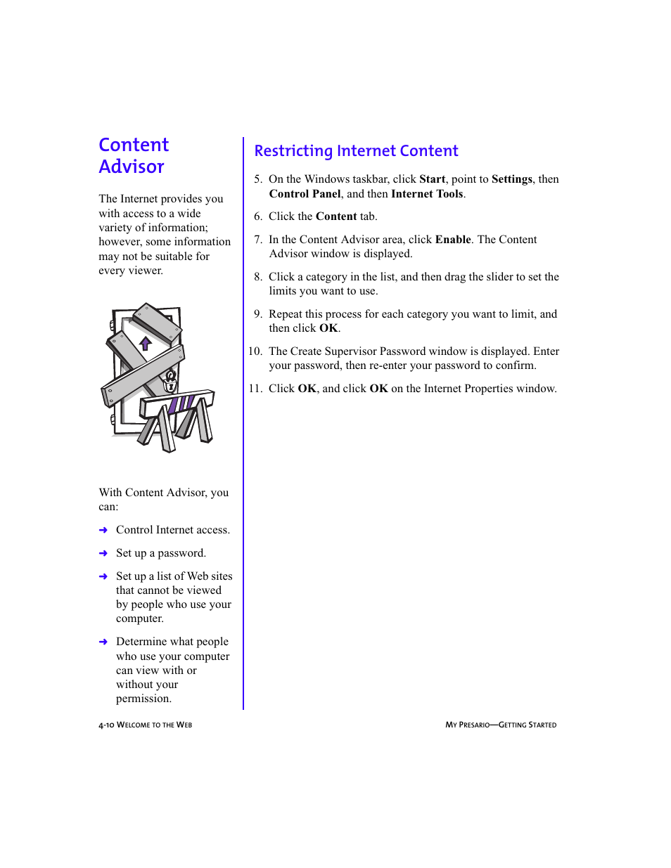 Heading2left - content advisor, Heading2 - content advisor, Heading3 - restricting internet content | Numlistright - 6. click the content tab, Content advisor -10, Restricting internet content -10, Content advisor, 4-10, Content advisor, Restricting internet content | Compaq Presario 5BW474 User Manual | Page 49 / 77