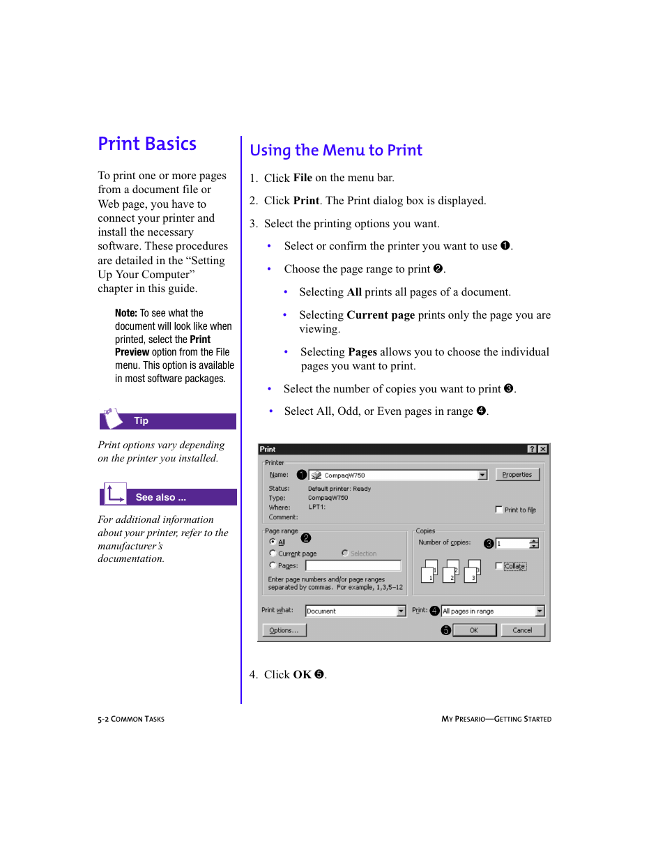 Heading2left - print basics, Graphic, Heading2 - print basics | Heading3 - using the menu to print, Numlistright1 - 1. click file on the menu bar, Numlistright - 4. click ok 5, Print basics -2, Using the menu to print -2, Print basics, Using the menu to print | Compaq Presario 5BW474 User Manual | Page 51 / 77