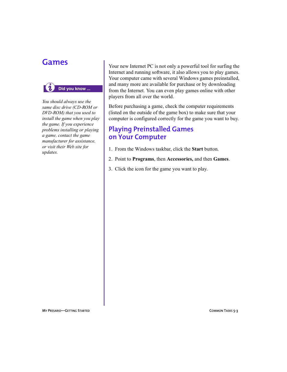 Heading2left - games, Heading2 - .games, Games -3 | Playing preinstalled games on your computer -3, Games, Playing preinstalled games on your computer | Compaq Presario 5BW474 User Manual | Page 52 / 77