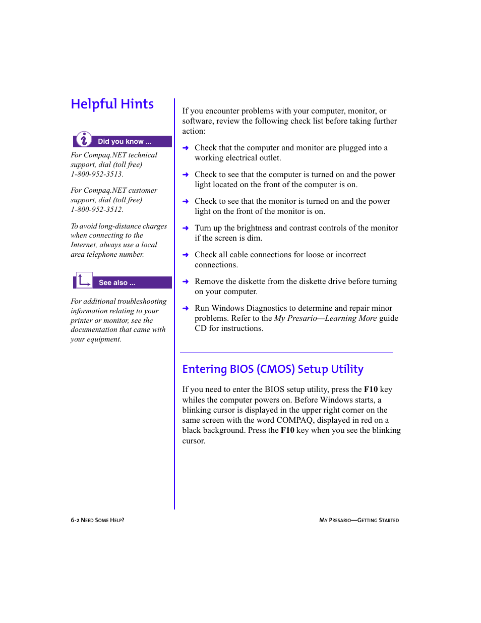 Heading2left - helpful hints, Graphic, Body | Heading2 - helpful hints, Heading3 - entering bios (cmos) setup utility, Entering bios (cmos) setup utility -2, Helpful hints, Entering bios (cmos) setup utility | Compaq Presario 5BW474 User Manual | Page 57 / 77