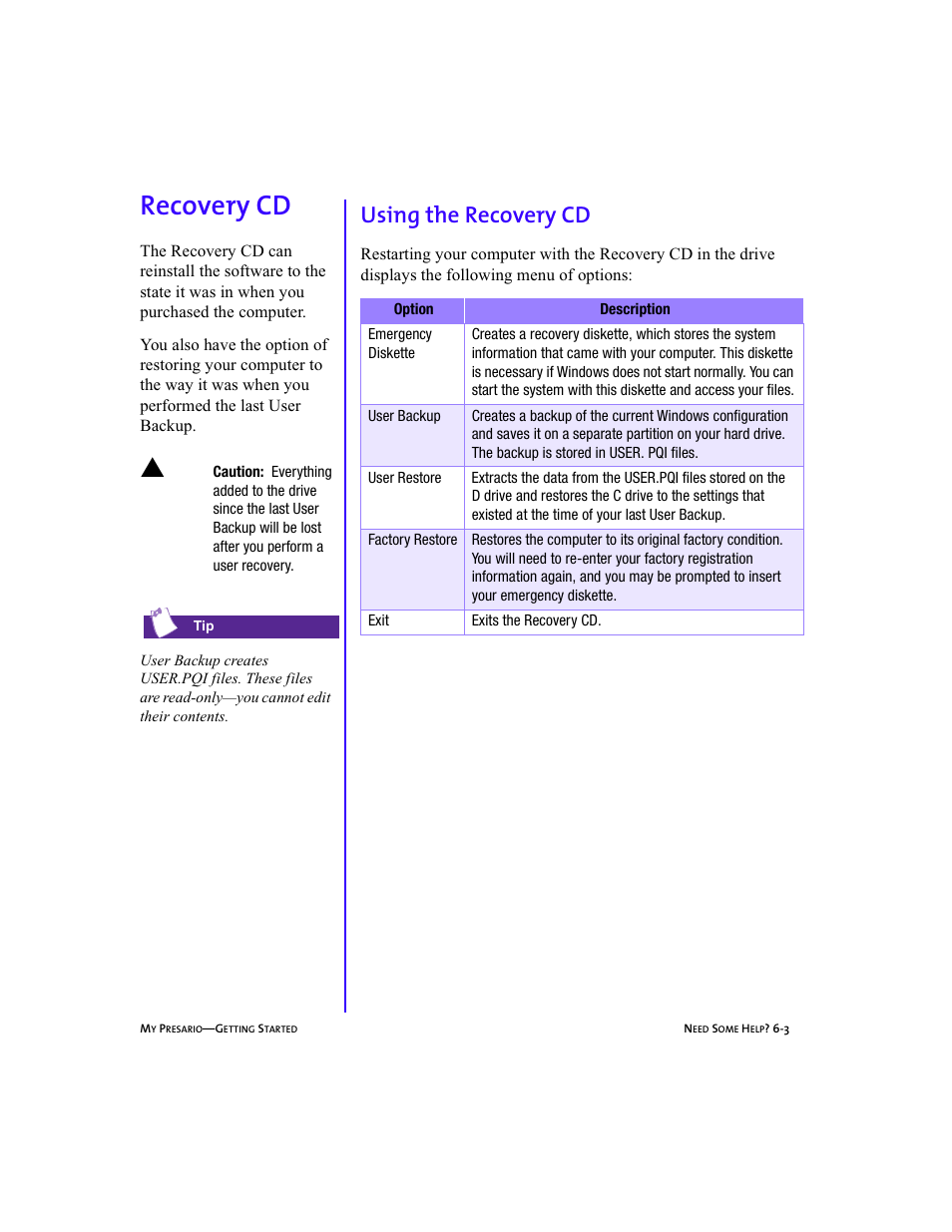 Heading2left - recovery cd, Cautionicon, Graphic | Heading2 - recovery cd, Heading3 - using the recovery cd, Body, Recovery cd -3, Using the recovery cd -3, Recovery cd, Using the recovery cd | Compaq Presario 5BW474 User Manual | Page 58 / 77