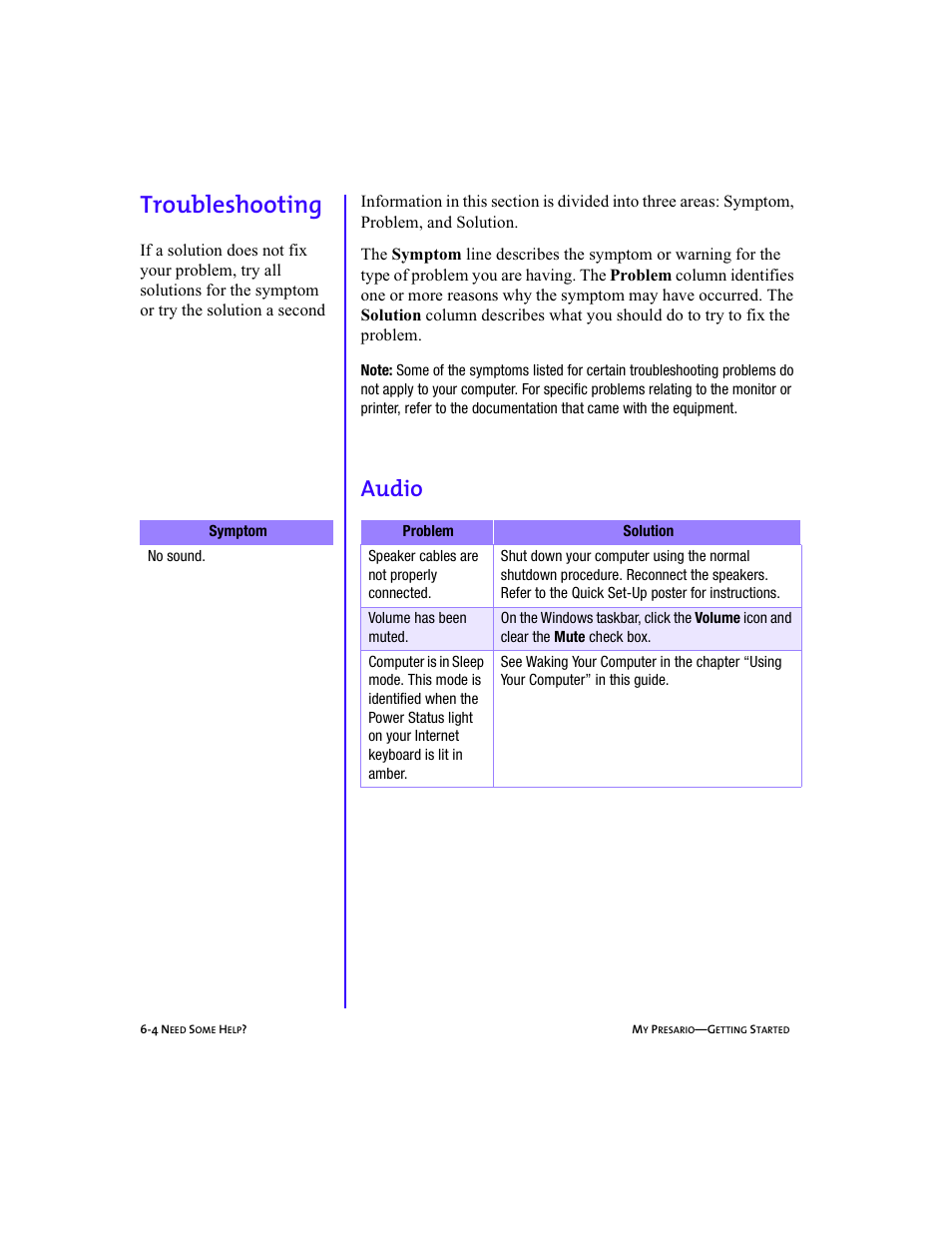 Heading2left - troubleshooting, Graphic, Heading2 - troubleshooting | Heading3 - audio, Troubleshooting -4, Audio -4, Troubleshooting, Audio | Compaq Presario 5BW474 User Manual | Page 59 / 77