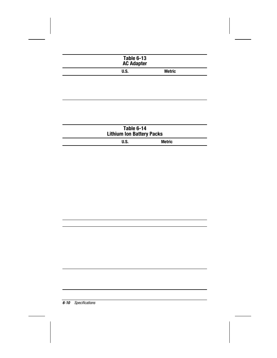 Table 6-13 ac adapter, Table 6-14 lithium ion battery packs | Compaq V300 User Manual | Page 142 / 162
