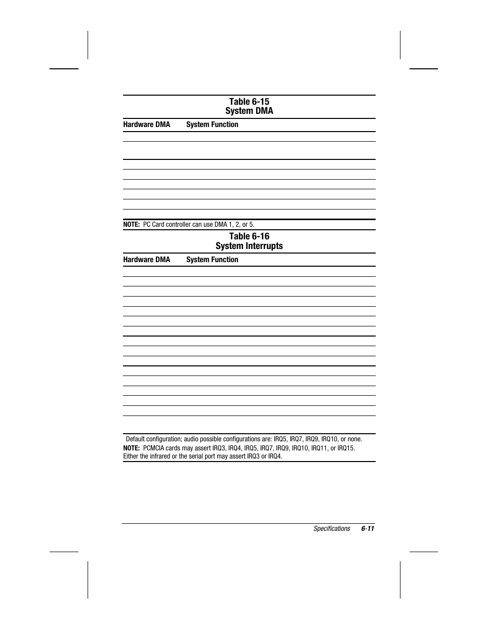 Table 6-15 system dma, Table 6-16 system interrupts | Compaq V300 User Manual | Page 143 / 162
