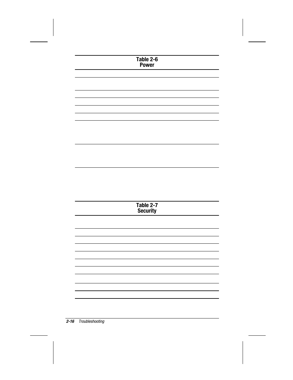 Table 2-6 power, Table 2-7 security | Compaq V300 User Manual | Page 52 / 162