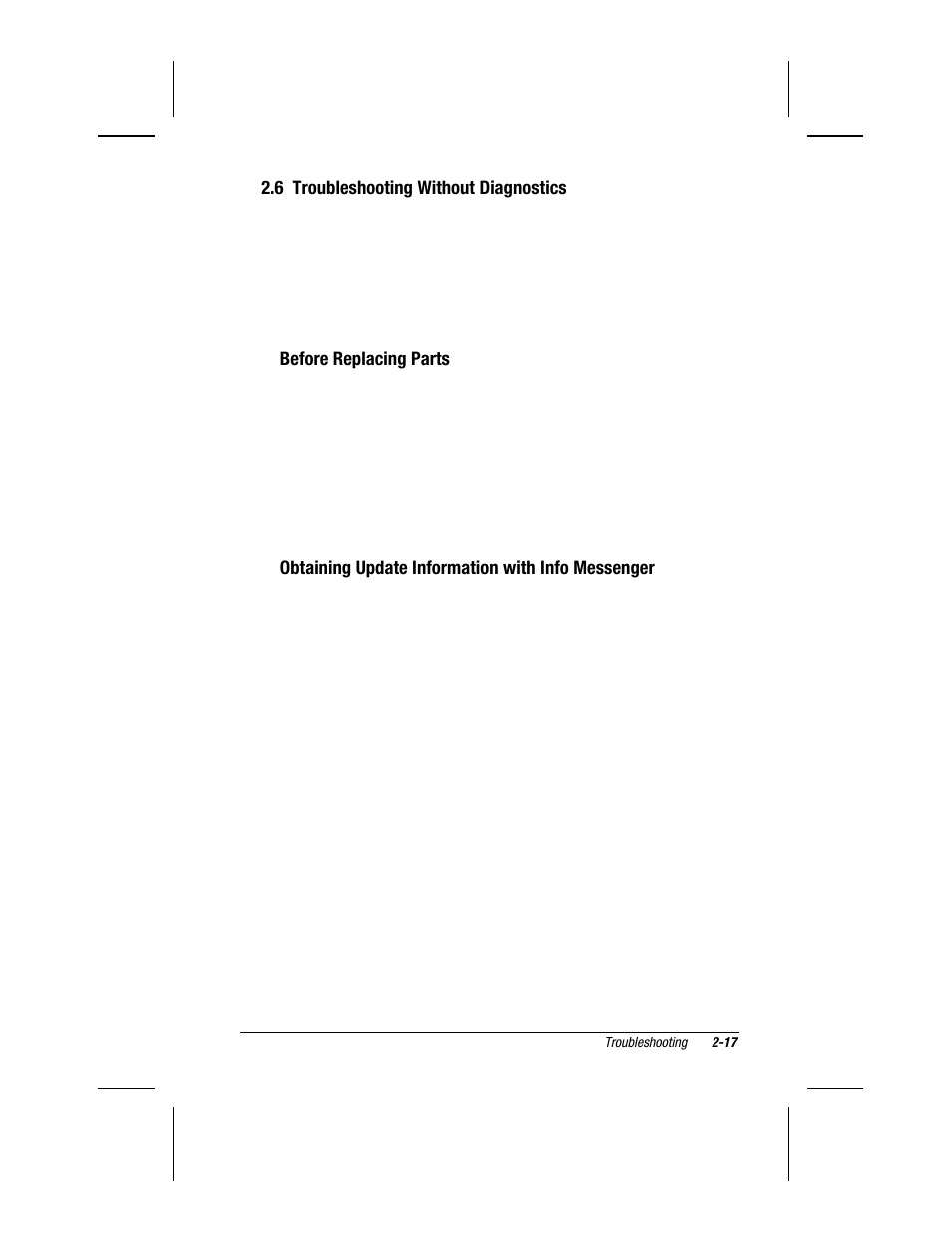 6 troubleshooting without diagnostics, Before replacing parts, Obtaining update information with info messenger | Compaq V300 User Manual | Page 53 / 162