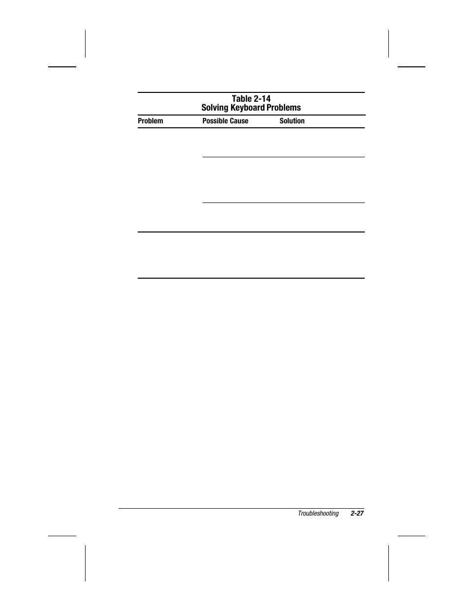 Table 2-14 solving keyboard, Problems | Compaq V300 User Manual | Page 63 / 162