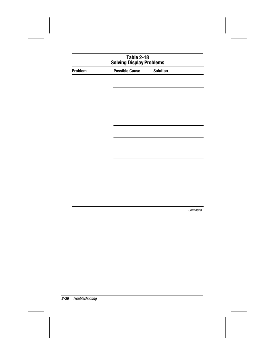 Table 2-18 solving display, Problems | Compaq V300 User Manual | Page 72 / 162