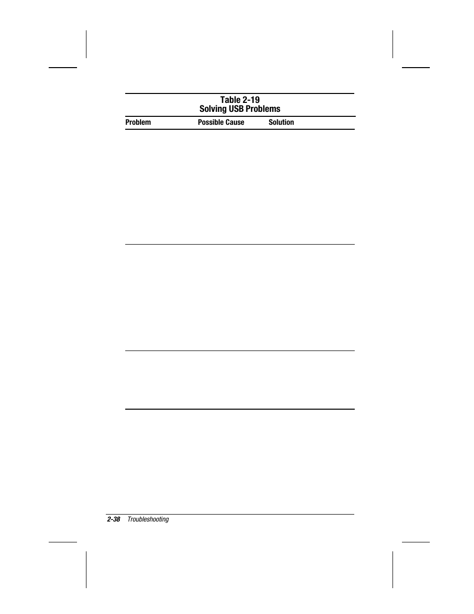 Table 2-19 solving usb, Problems | Compaq V300 User Manual | Page 74 / 162