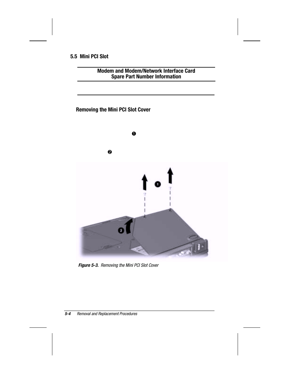 5 mini pci slot, Removing the mini pci slot cover | Compaq V300 User Manual | Page 98 / 162