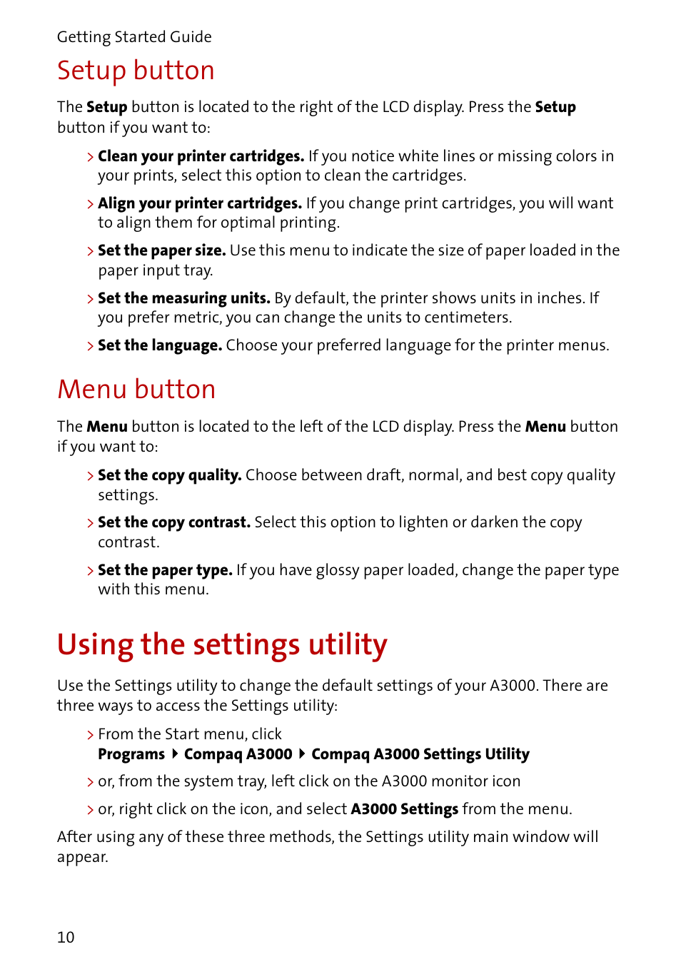 Using the settings utility, Setup button, Menu button | Compaq A3000 User Manual | Page 12 / 38