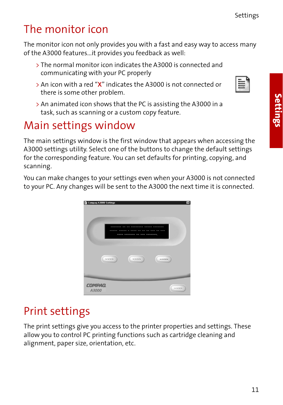 The monitor icon, Main settings window, Print settings | Settings | Compaq A3000 User Manual | Page 13 / 38
