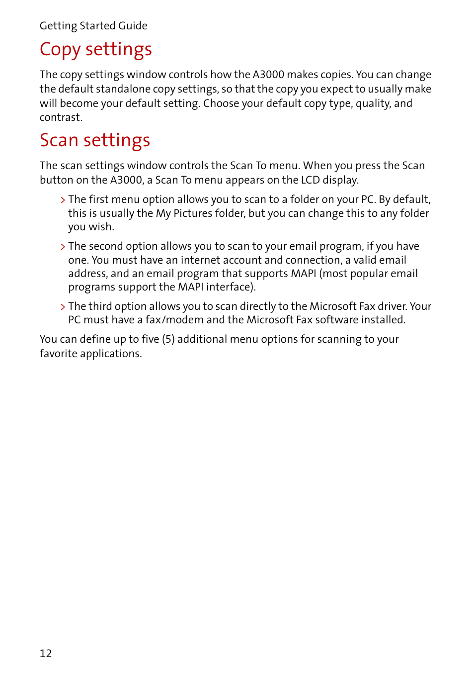 Copy settings, Scan settings | Compaq A3000 User Manual | Page 14 / 38