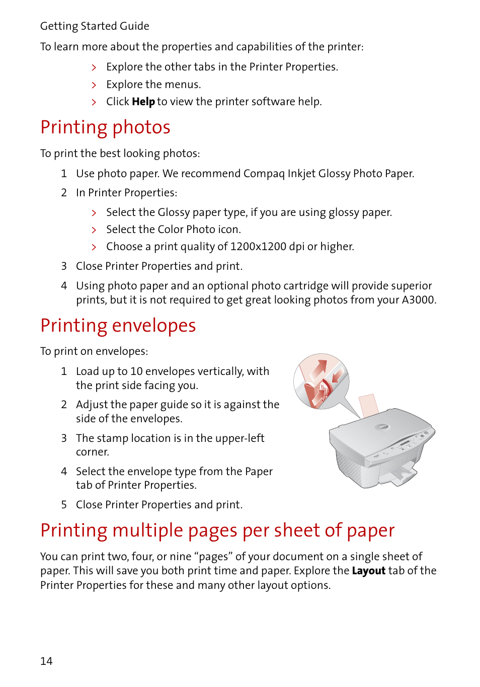 Printing photos, Printing envelopes, Printing multiple pages per sheet of paper | Compaq A3000 User Manual | Page 16 / 38