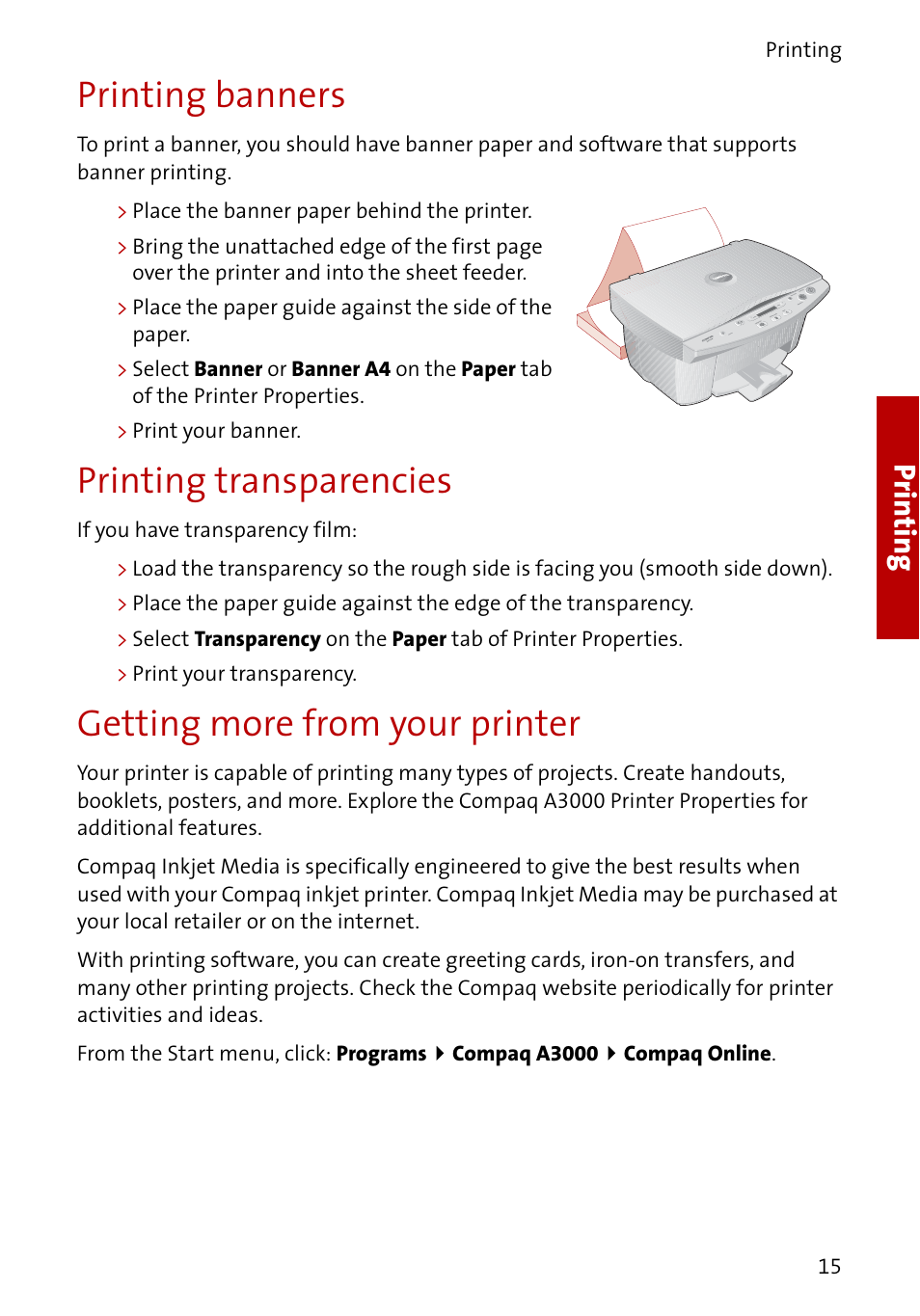 Printing banners, Printing transparencies, Getting more from your printer | Prin ting | Compaq A3000 User Manual | Page 17 / 38