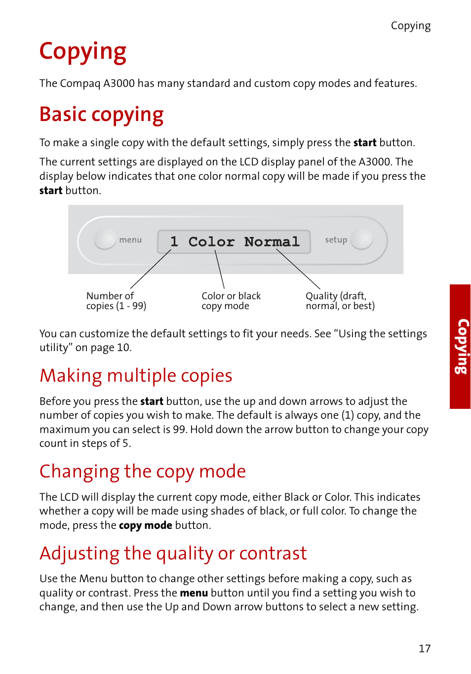 Copying, Basic copying, Making multiple copies | Changing the copy mode, Adjusting the quality or contrast | Compaq A3000 User Manual | Page 19 / 38