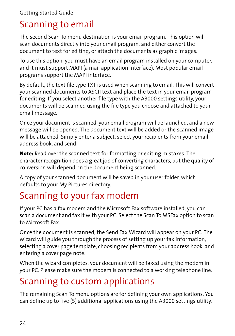 Scanning to email, Scanning to your fax modem, Scanning to custom applications | Compaq A3000 User Manual | Page 26 / 38