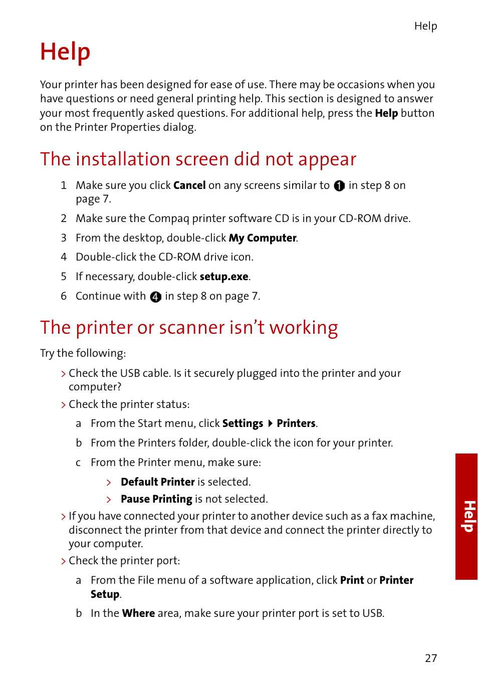 The installation screen did not appear, The printer or scanner isn’t working, Help | Compaq A3000 User Manual | Page 29 / 38