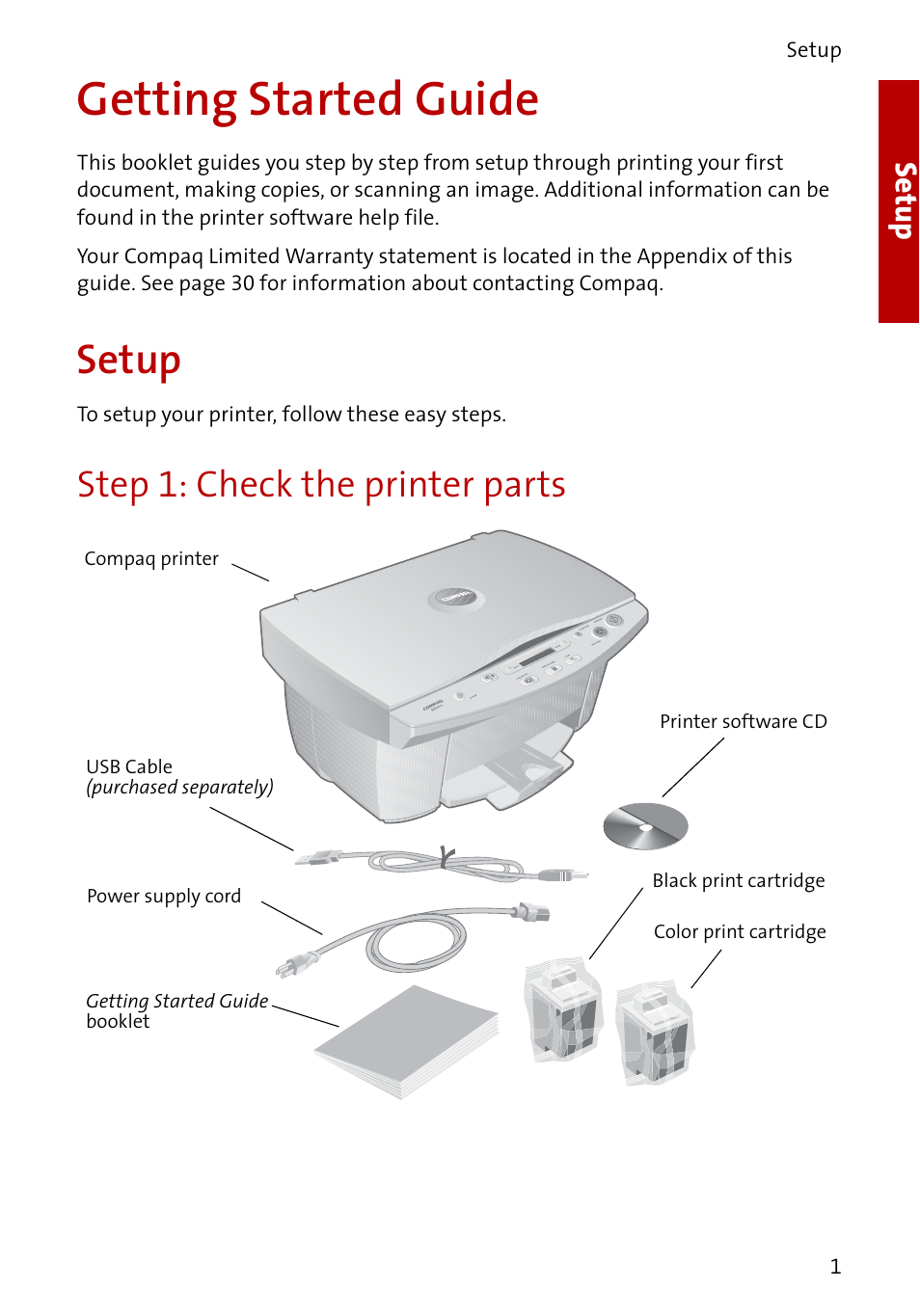 Getting started guide, Step 1: check the printer parts, Setup | Compaq A3000 User Manual | Page 3 / 38