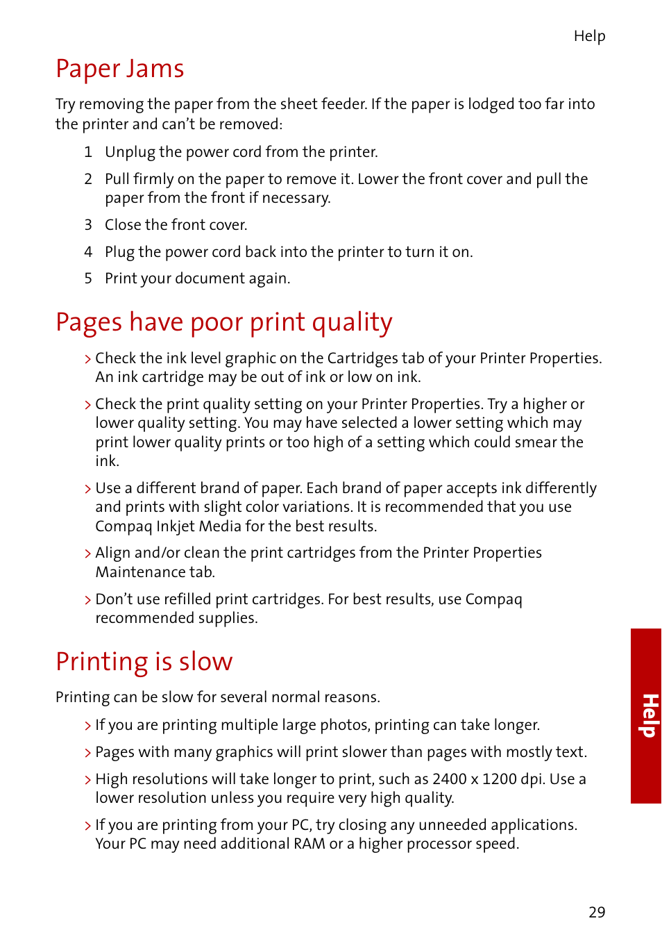 Paper jams, Pages have poor print quality, Printing is slow | Help | Compaq A3000 User Manual | Page 31 / 38