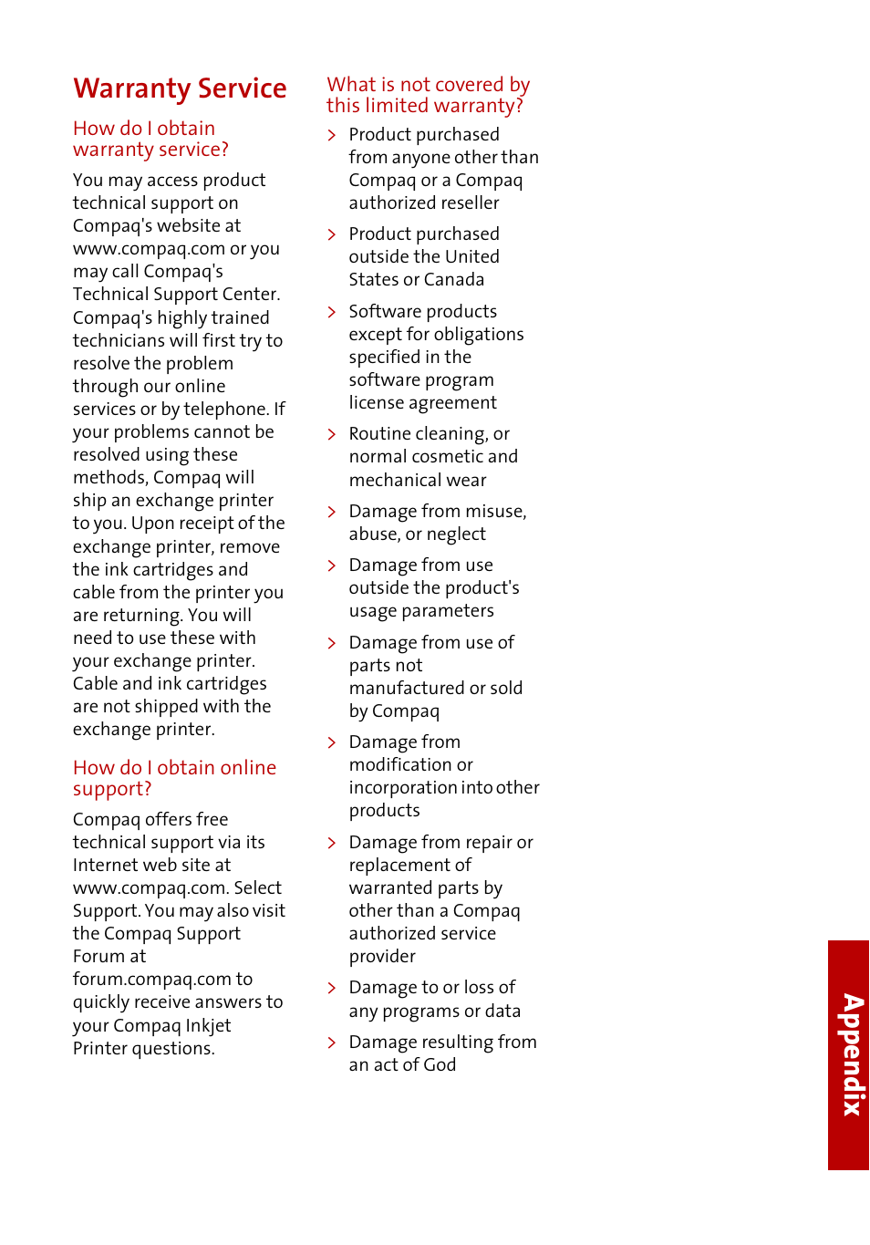 Ap pendix warranty service | Compaq A3000 User Manual | Page 33 / 38