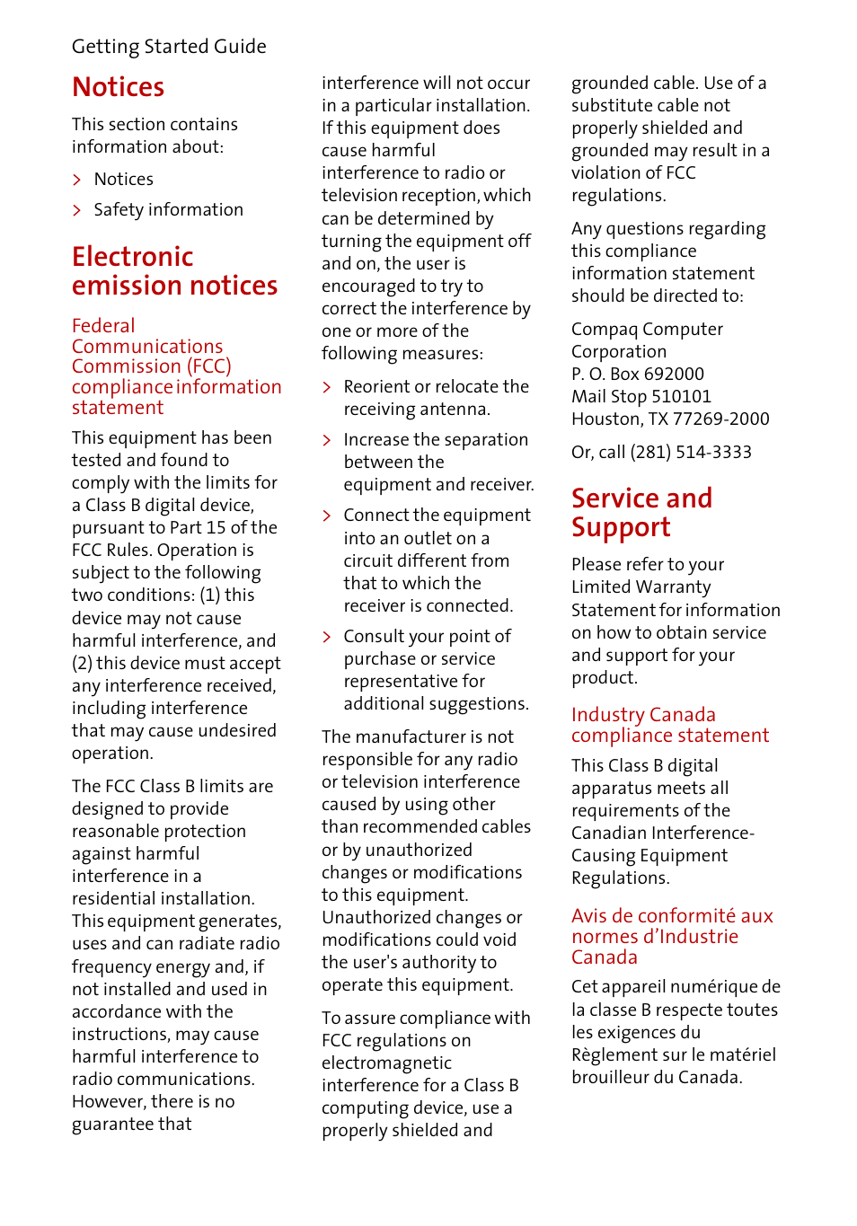 Notices, Electronic emission notices, Service and support | Compaq A3000 User Manual | Page 36 / 38