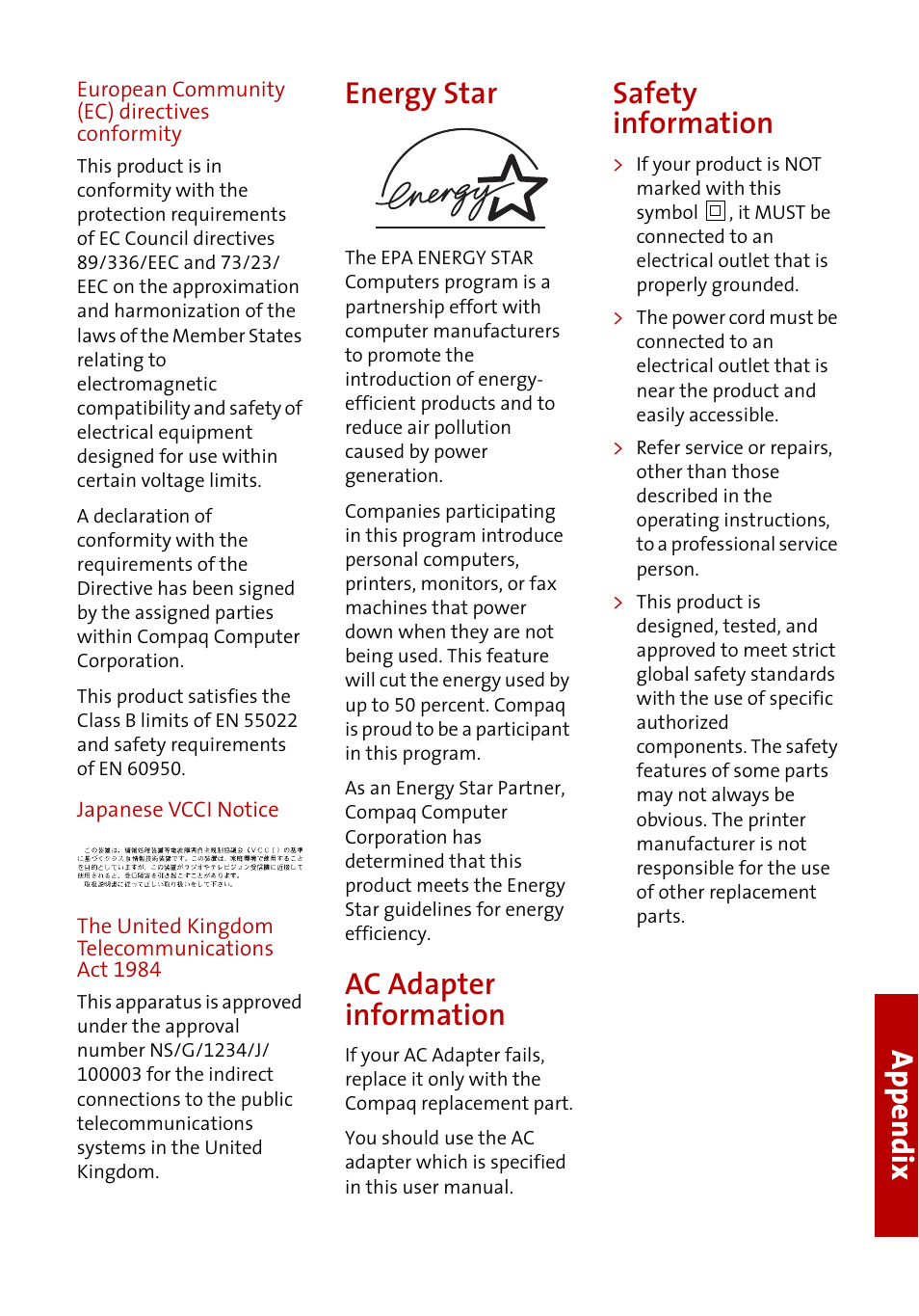 Ap pendix, Energy star, Ac adapter information | Safety information | Compaq A3000 User Manual | Page 37 / 38