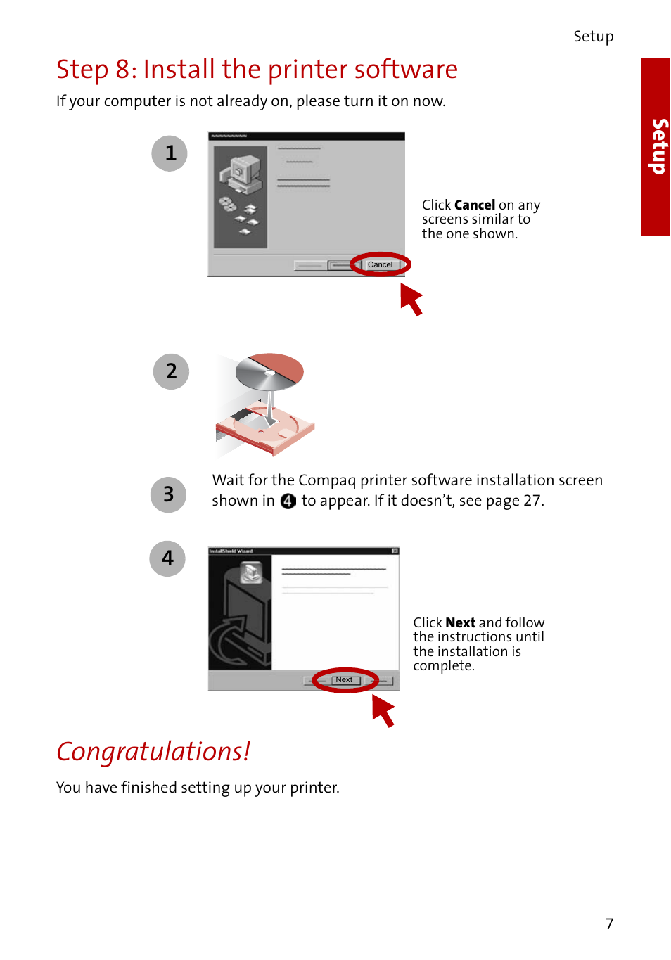 Step 8: install the printer software, Setup | Compaq A3000 User Manual | Page 9 / 38