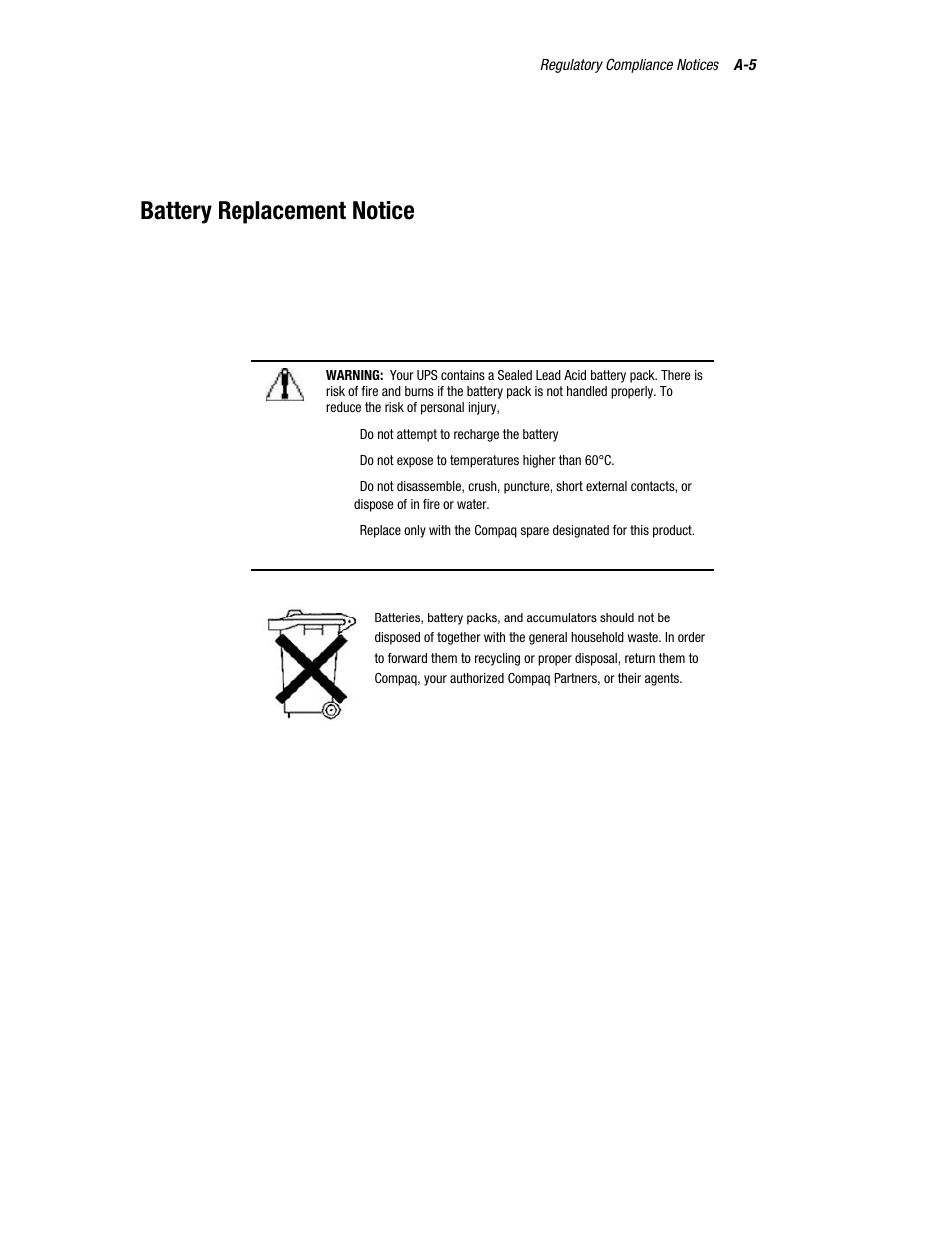 Battery replacement notice | Compaq R6000 User Manual | Page 100 / 118