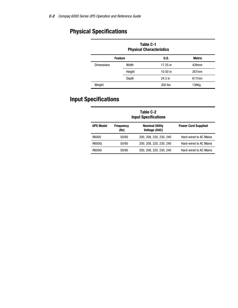 Physical specifications, Input specifications | Compaq R6000 User Manual | Page 104 / 118