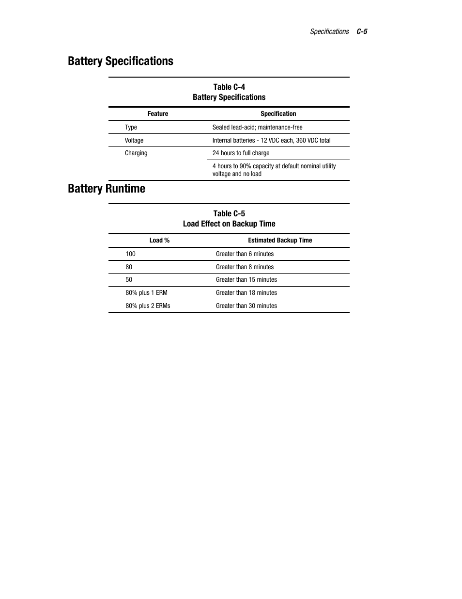 Battery specifications, Battery runtime | Compaq R6000 User Manual | Page 107 / 118