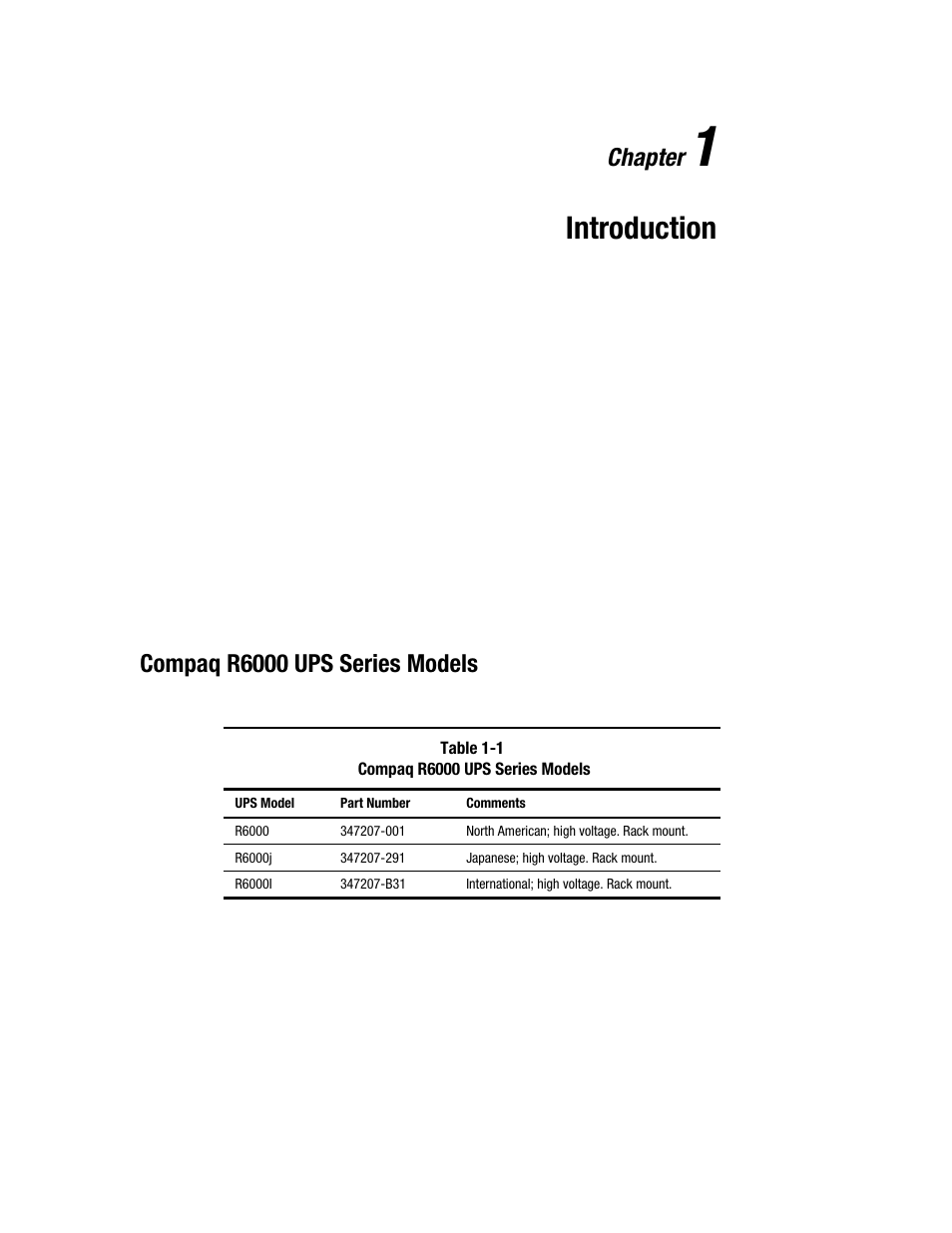 Chapter 1: introduction, Chapter 1, Introduction | Chapter, Compaq r6000 ups series models | Compaq R6000 User Manual | Page 11 / 118