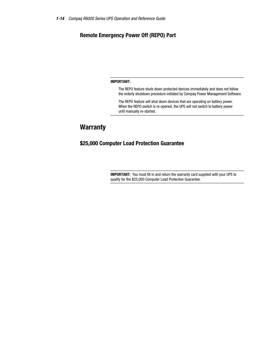 Warranty, Remote emergency power off (repo) port | Compaq R6000 User Manual | Page 24 / 118