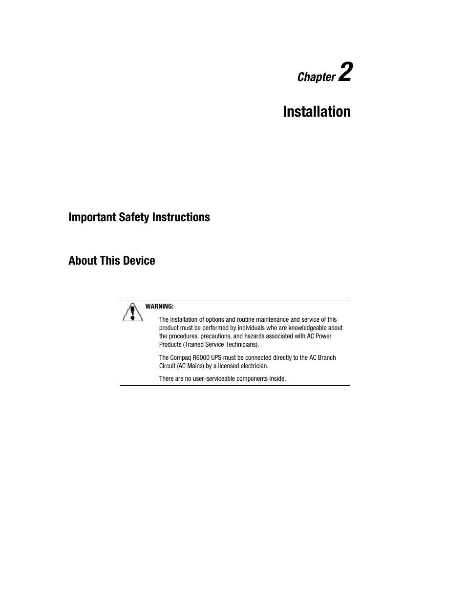 Chapter 2: installation, Chapter 2, Installation | Continued, Chapter, Important safety instructions, About this device | Compaq R6000 User Manual | Page 26 / 118