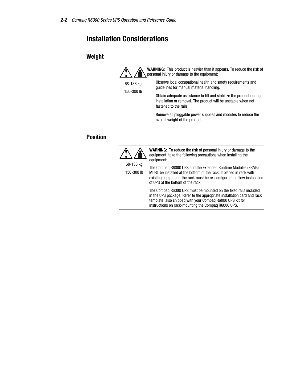 Installation considerations, Weight, Position | Compaq R6000 User Manual | Page 27 / 118