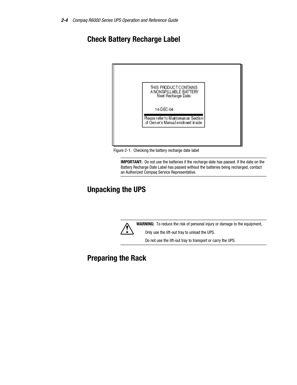 Check battery recharge label, Unpacking the ups, Preparing the rack | Compaq R6000 User Manual | Page 29 / 118