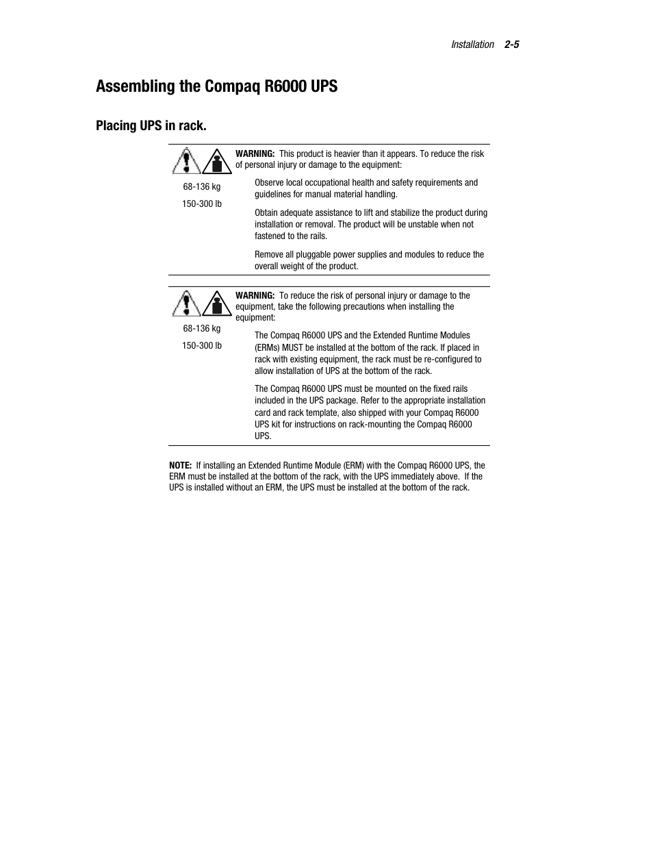 Assembling the compaq r6000 ups, Placing ups in rack | Compaq R6000 User Manual | Page 30 / 118