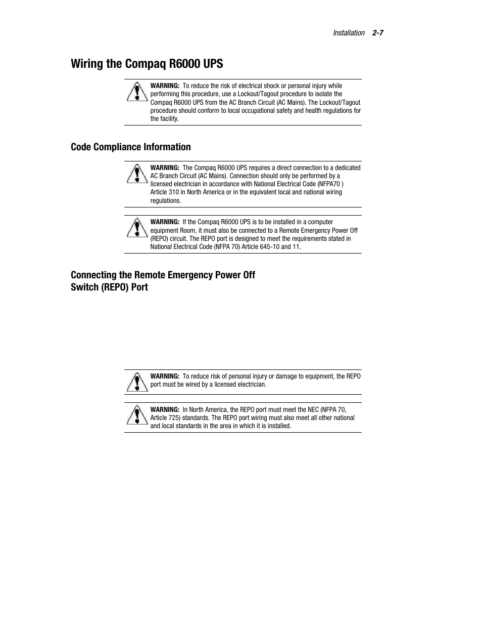 Wiring the compaq r6000 ups, Code compliance information | Compaq R6000 User Manual | Page 32 / 118