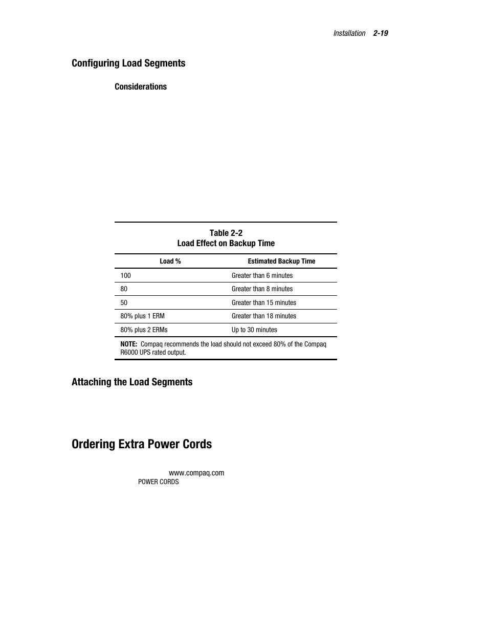 Ordering extra power cords, Configuring load segments, Attaching the load segments | Compaq R6000 User Manual | Page 44 / 118