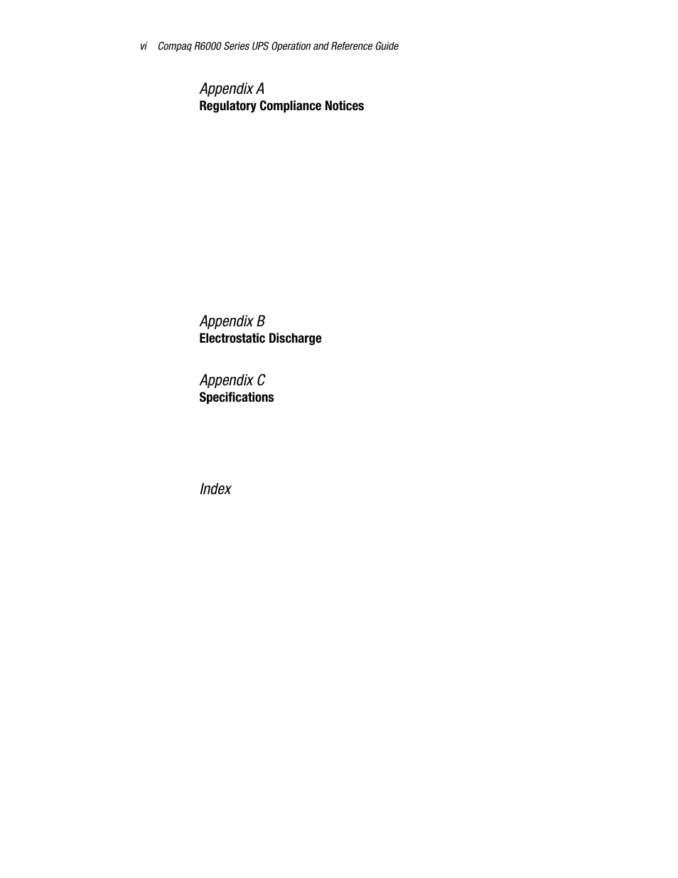 Appendix a, Appendix b, Appendix c | Index | Compaq R6000 User Manual | Page 6 / 118