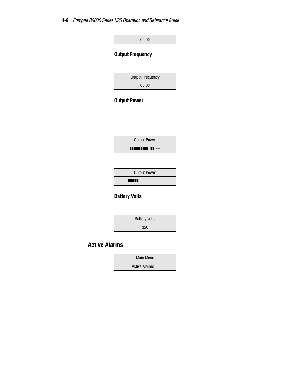 Active alarms | Compaq R6000 User Manual | Page 63 / 118