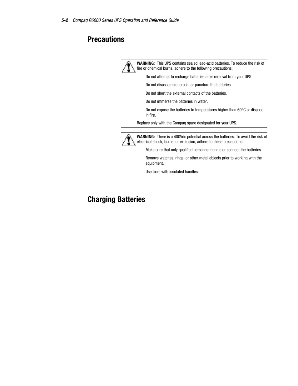 Precautions, Charging batteries | Compaq R6000 User Manual | Page 77 / 118