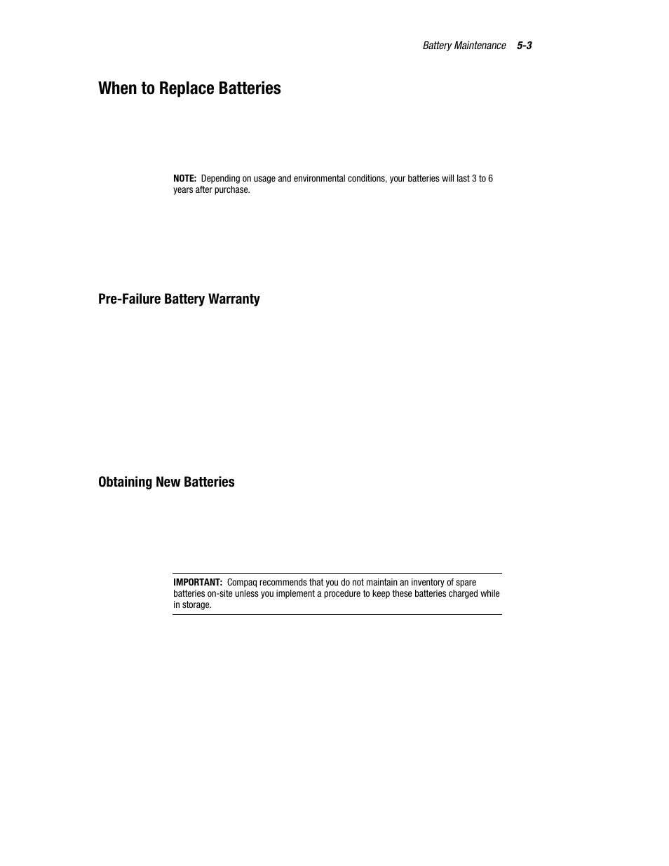 When to replace batteries, Pre-failure battery warranty, Obtaining new batteries | Compaq R6000 User Manual | Page 78 / 118