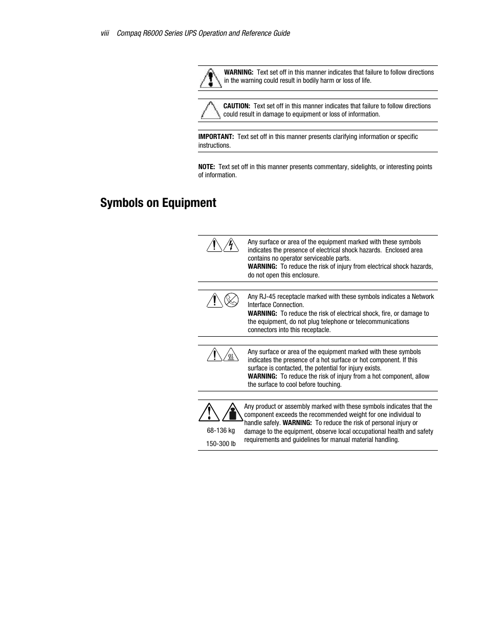 Symbols on equipment | Compaq R6000 User Manual | Page 8 / 118