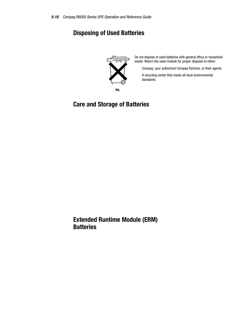 Disposing of used batteries, Care and storage of batteries, Extended runtime module (erm) batteries | Compaq R6000 User Manual | Page 85 / 118